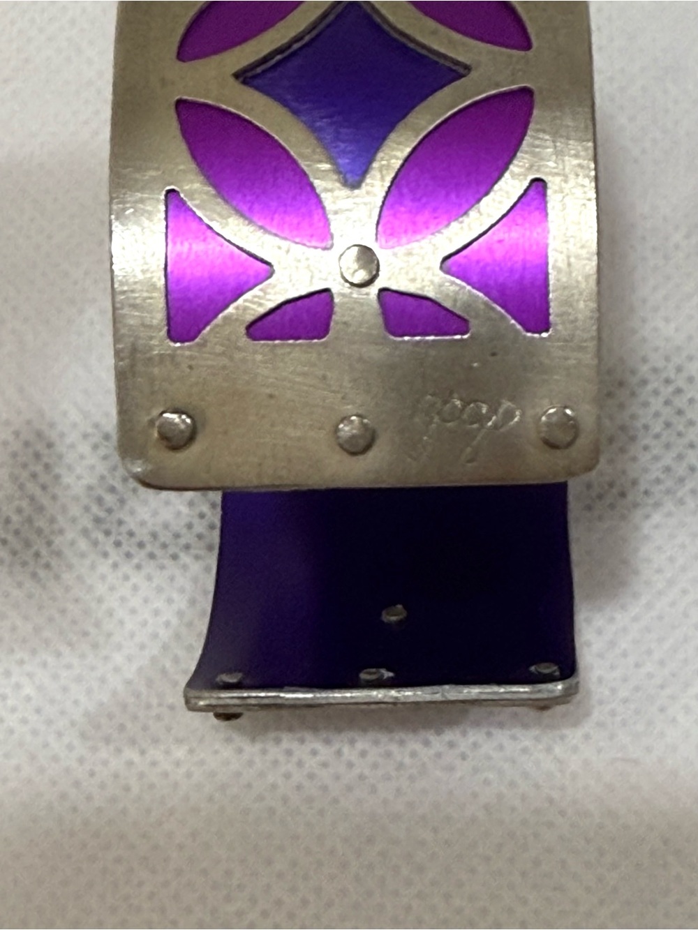 Two Tone Handmade Purple Floral Cutout Cuff Bracelet by Jewelry Artist GOGO - Picture 3 of 6